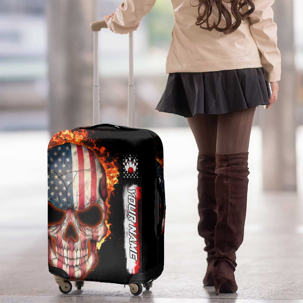 American Flag Skull Design Luggage Cover with Bowling Elements and Fire Background with Custom Team Name Text TS04