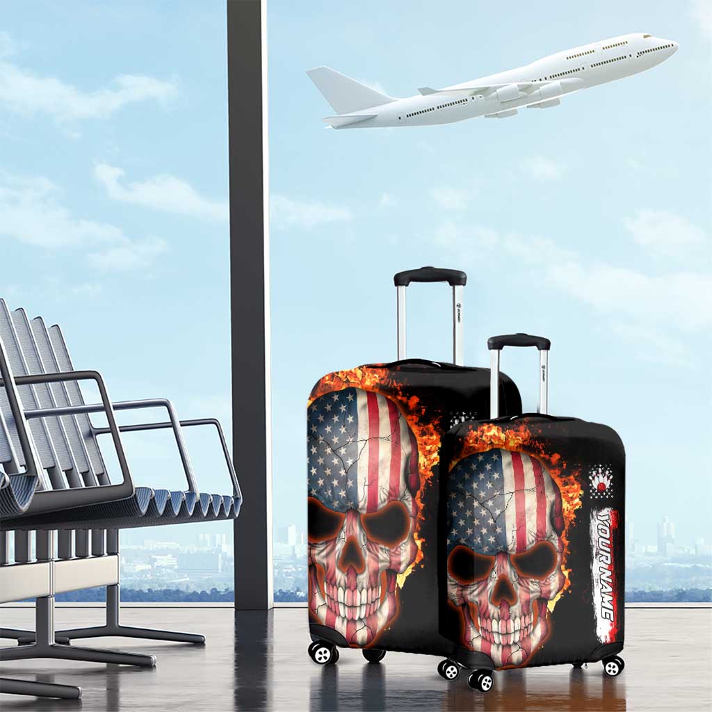 American Flag Skull Design Luggage Cover with Bowling Elements and Fire Background with Custom Team Name Text TS04