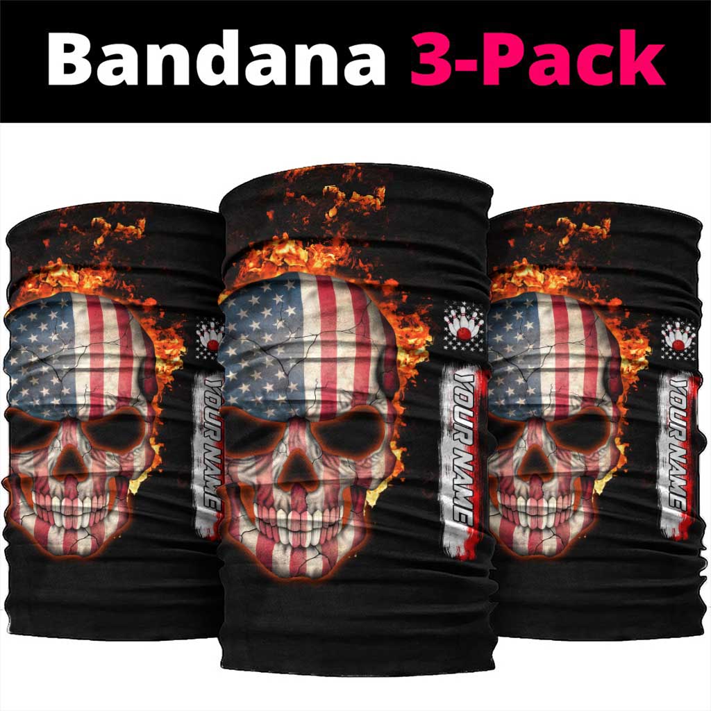 American Flag Skull Design Neck Gaiter with Bowling Elements and Fire Background with Custom Team Name Text TS04