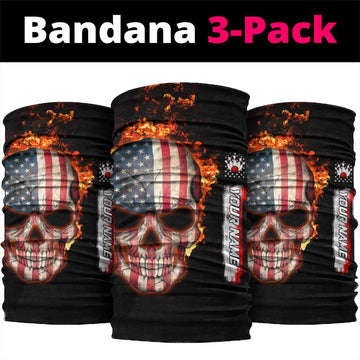 American Flag Skull Design Neck Gaiter with Bowling Elements and Fire Background with Custom Team Name Text TS04