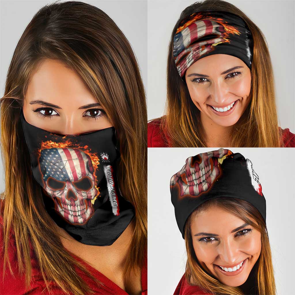 American Flag Skull Design Neck Gaiter with Bowling Elements and Fire Background with Custom Team Name Text TS04