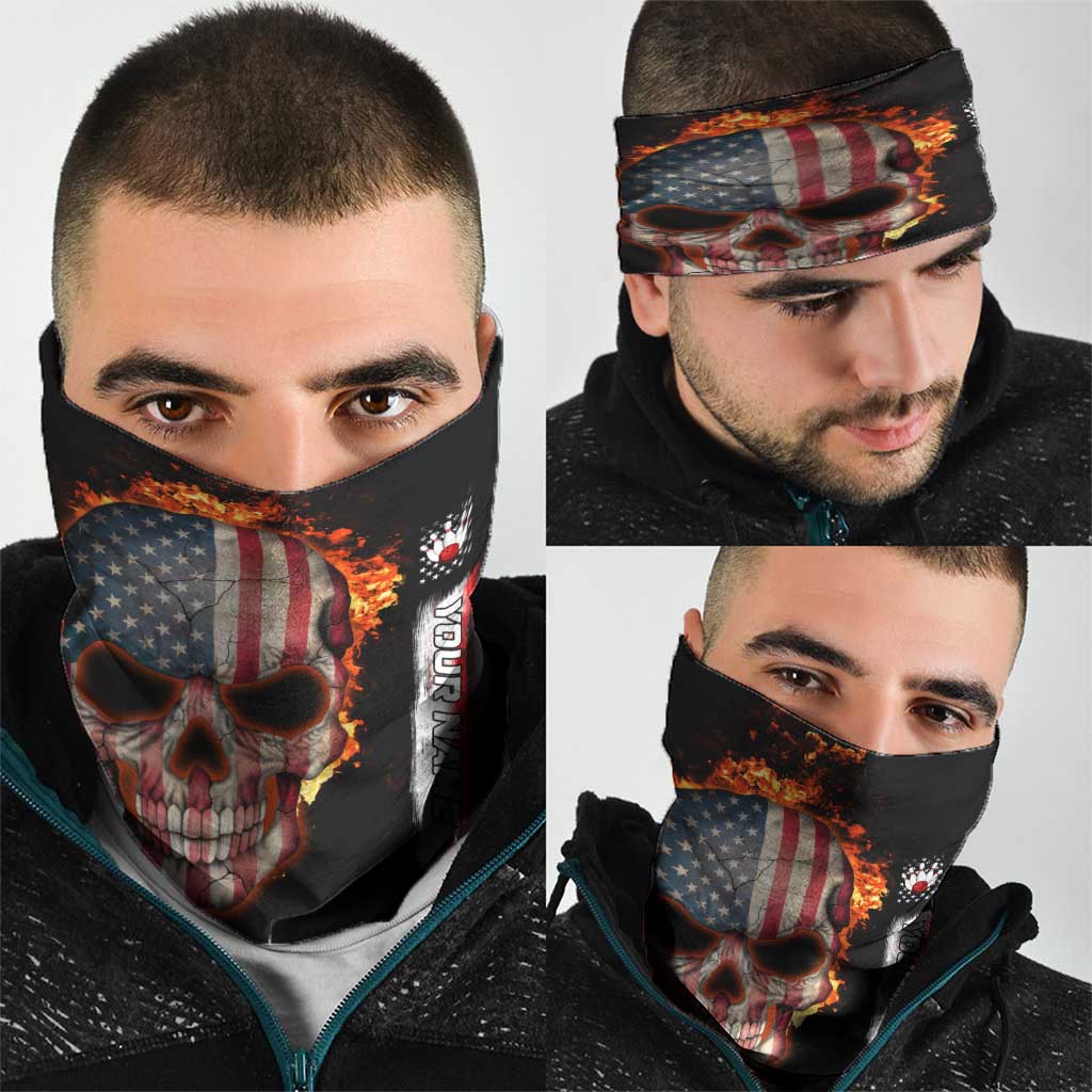 American Flag Skull Design Neck Gaiter with Bowling Elements and Fire Background with Custom Team Name Text TS04