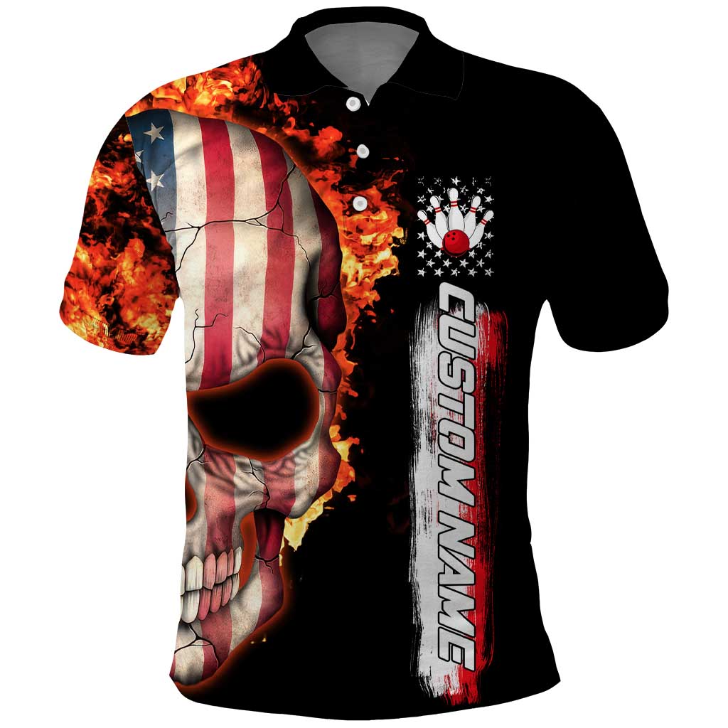 American Flag Skull Design Polo Shirt with Bowling Elements and Fire Background with Custom Team Name Text TS04