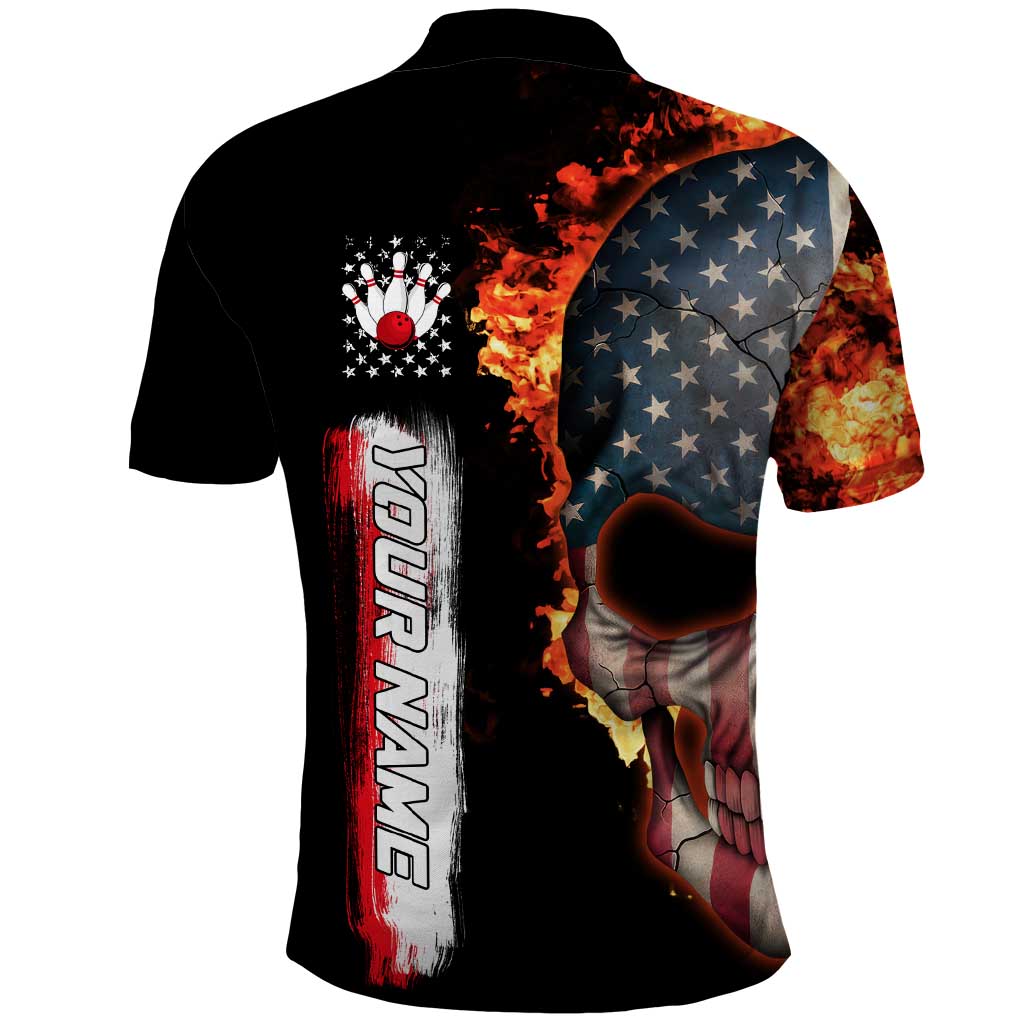 American Flag Skull Design Polo Shirt with Bowling Elements and Fire Background with Custom Team Name Text TS04
