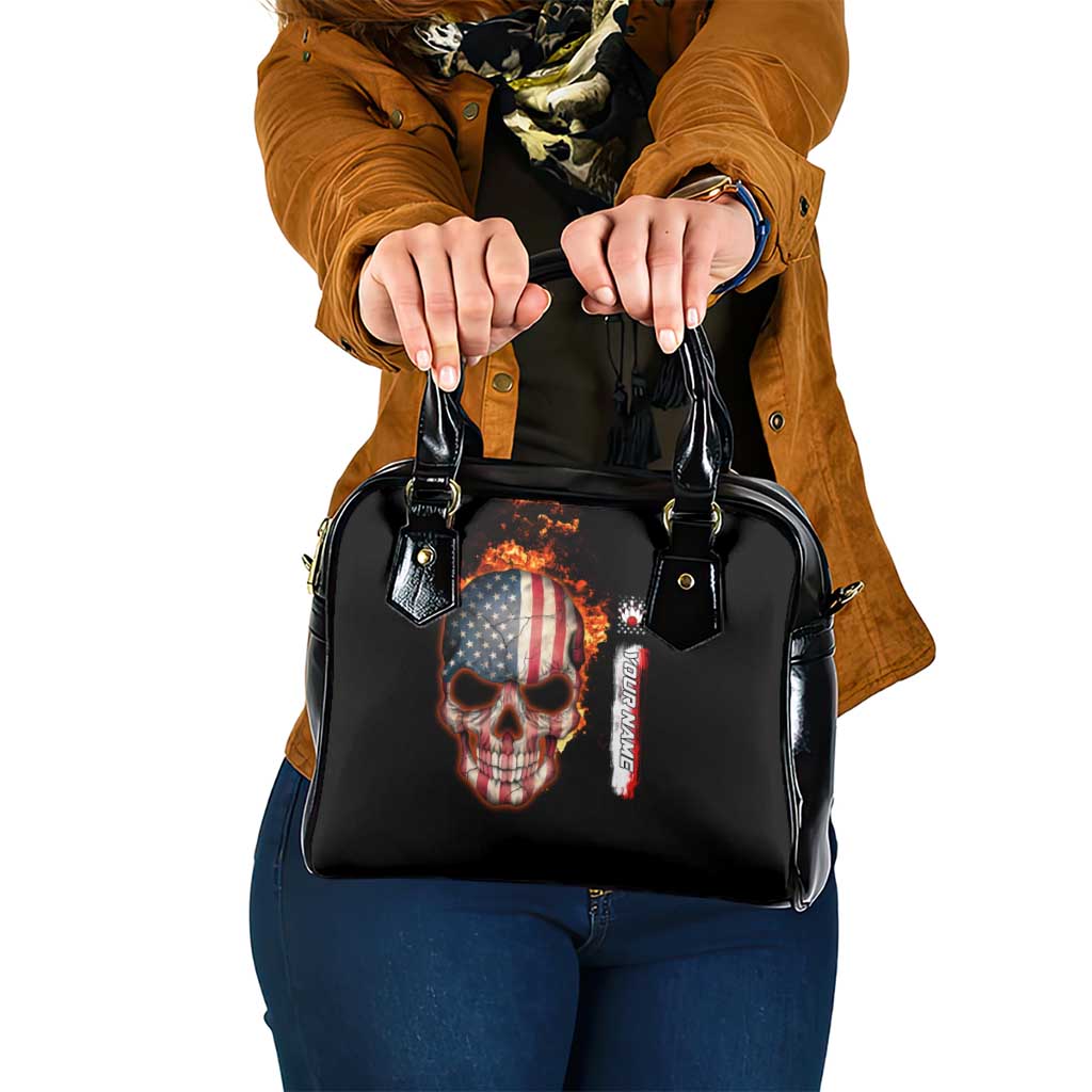 American Flag Skull Design Shoulder Handbag with Bowling Elements and Fire Background with Custom Team Name Text TS04