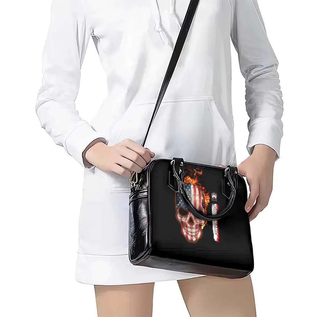 American Flag Skull Design Shoulder Handbag with Bowling Elements and Fire Background with Custom Team Name Text TS04
