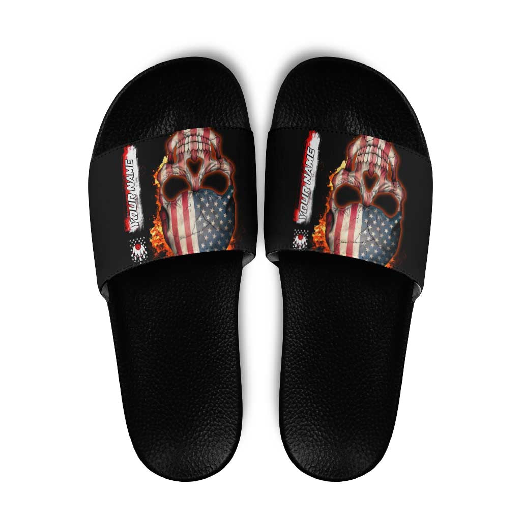 American Flag Skull Design Slide Sandals with Bowling Elements and Fire Background with Custom Team Name Text TS04