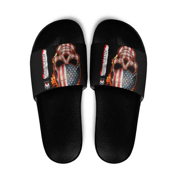 American Flag Skull Design Slide Sandals with Bowling Elements and Fire Background with Custom Team Name Text TS04
