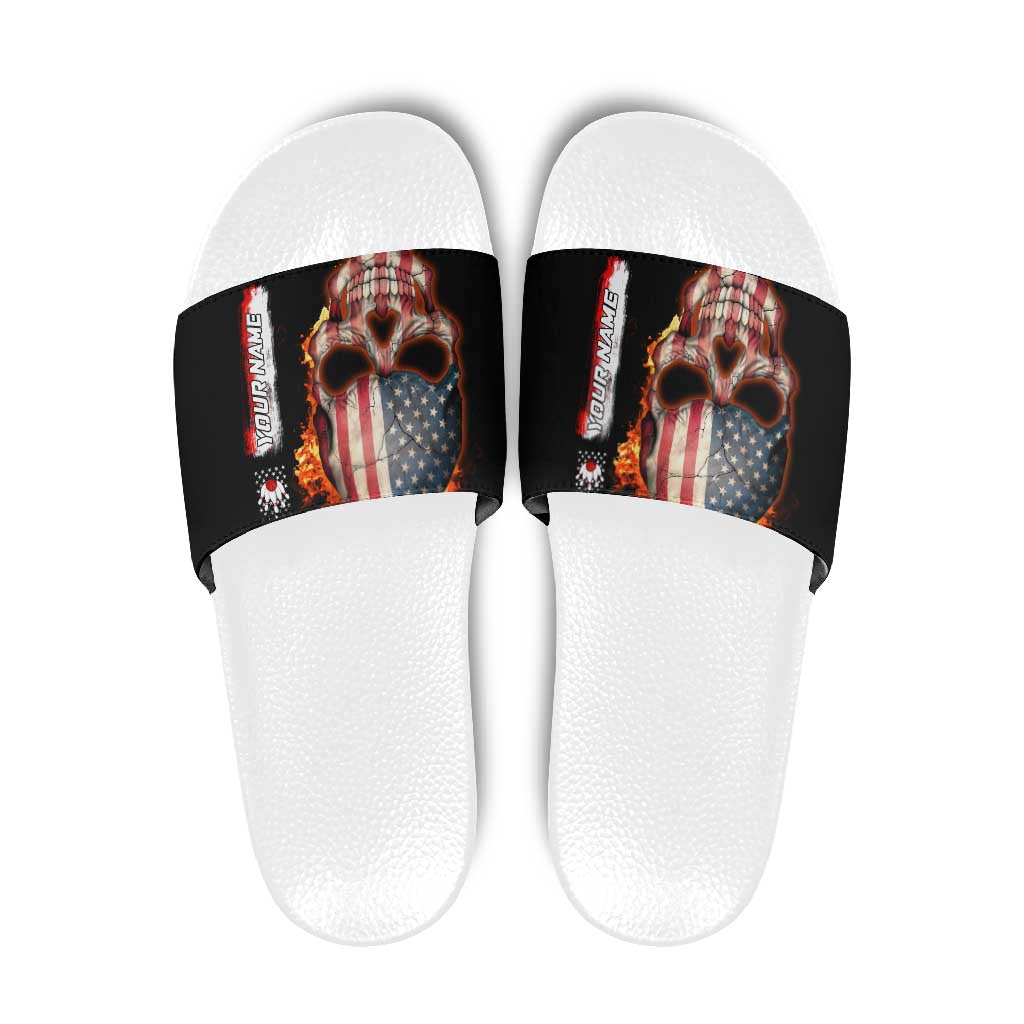 American Flag Skull Design Slide Sandals with Bowling Elements and Fire Background with Custom Team Name Text TS04