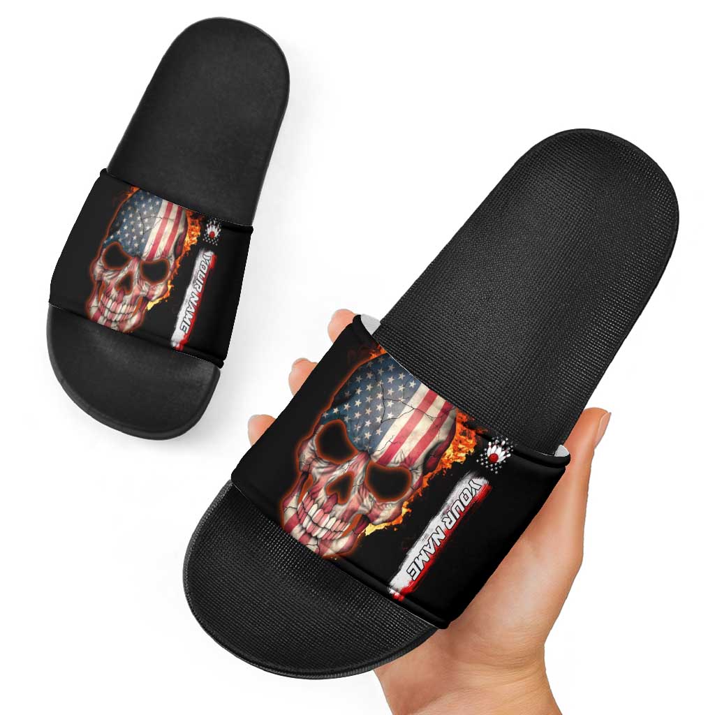 American Flag Skull Design Slide Sandals with Bowling Elements and Fire Background with Custom Team Name Text TS04