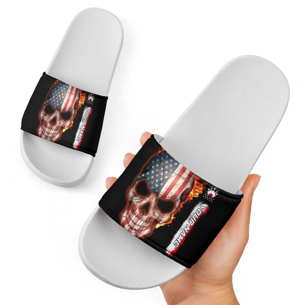 American Flag Skull Design Slide Sandals with Bowling Elements and Fire Background with Custom Team Name Text TS04