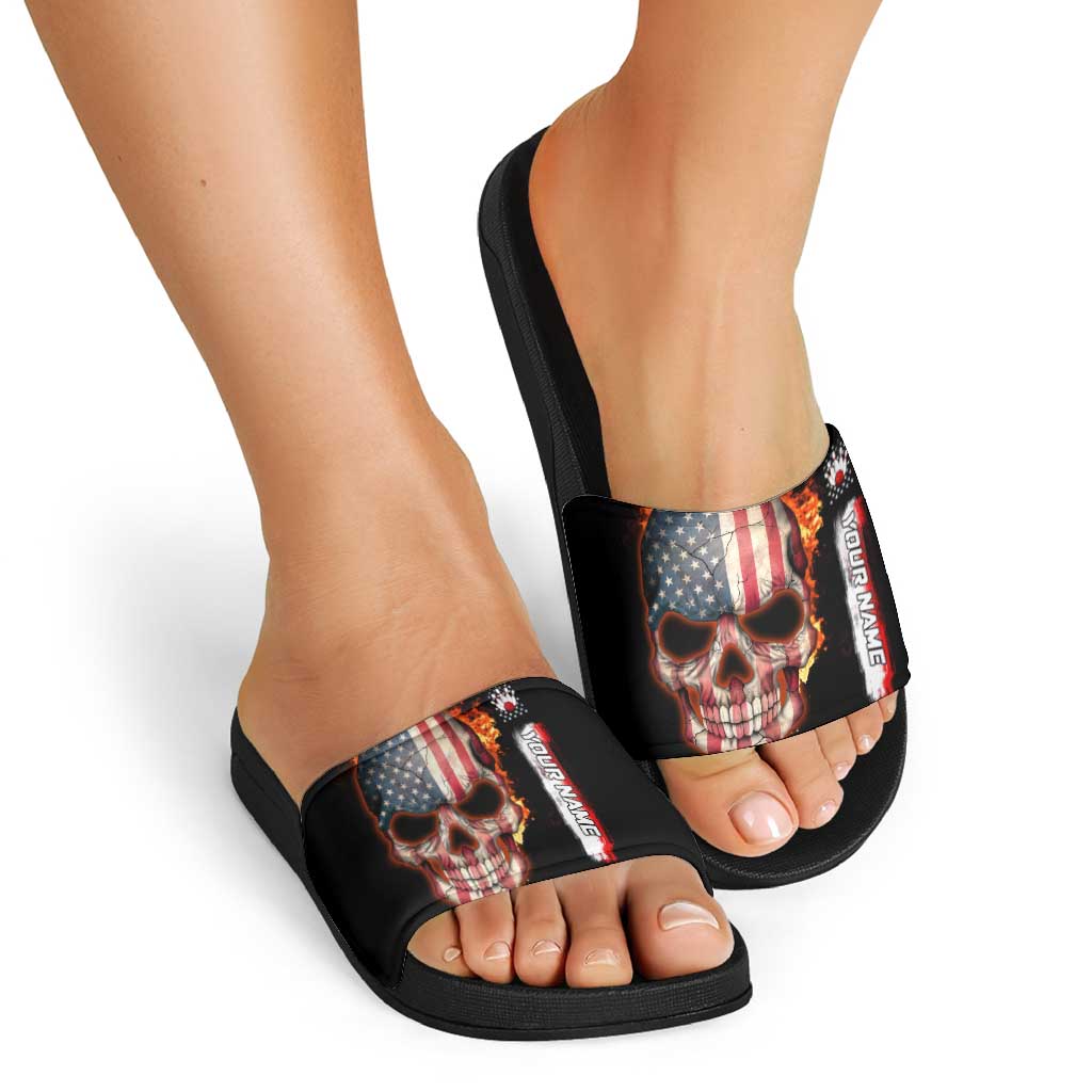 American Flag Skull Design Slide Sandals with Bowling Elements and Fire Background with Custom Team Name Text TS04