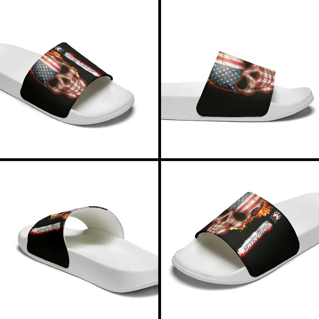 American Flag Skull Design Slide Sandals with Bowling Elements and Fire Background with Custom Team Name Text TS04