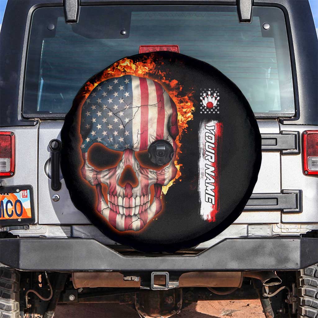 American Flag Skull Design Spare Tire Cover with Bowling Elements and Fire Background with Custom Team Name Text TS04