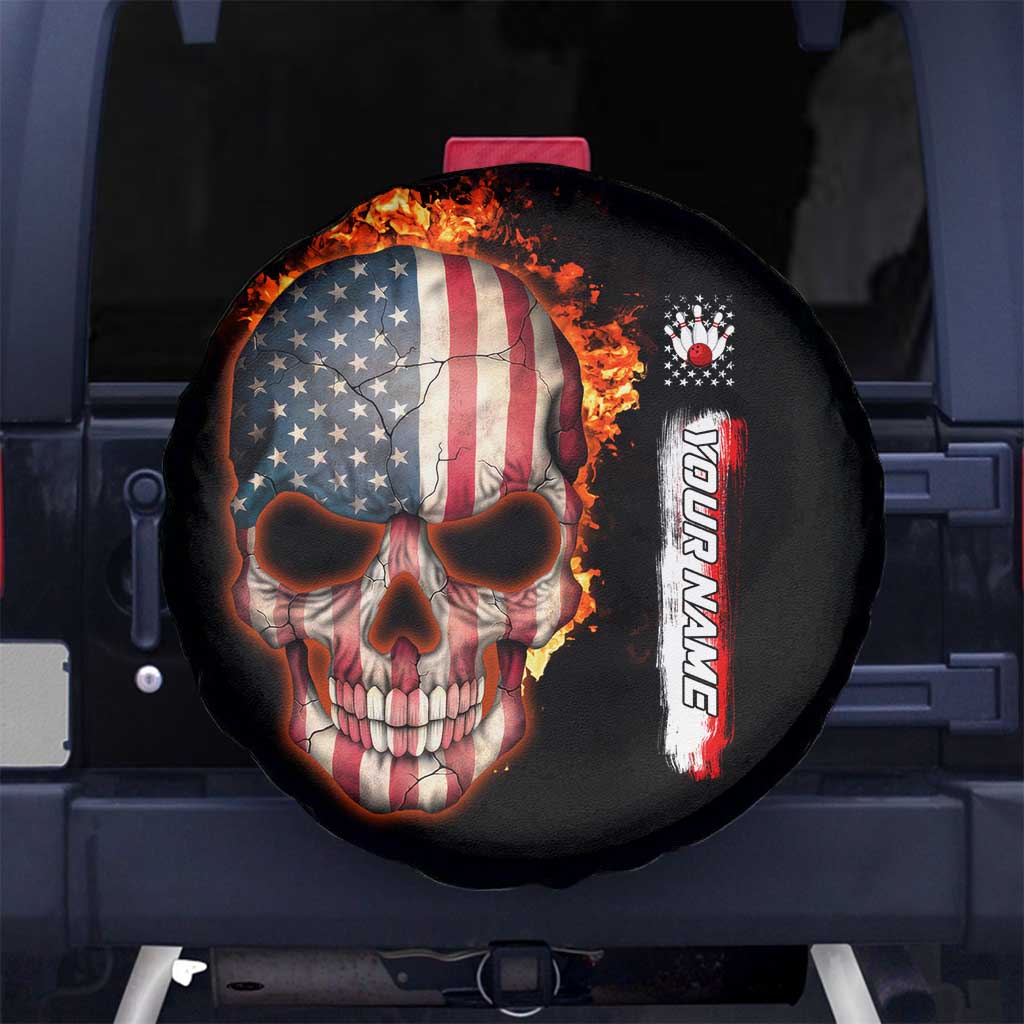 American Flag Skull Design Spare Tire Cover with Bowling Elements and Fire Background with Custom Team Name Text TS04