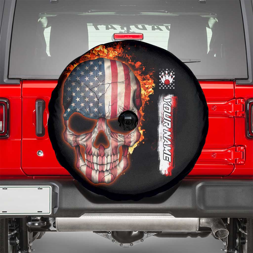 American Flag Skull Design Spare Tire Cover with Bowling Elements and Fire Background with Custom Team Name Text TS04