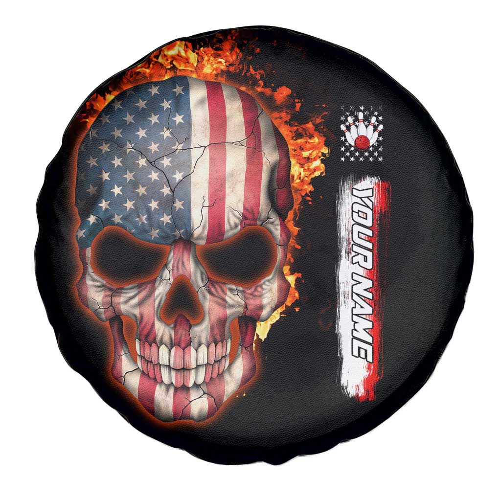 American Flag Skull Design Spare Tire Cover with Bowling Elements and Fire Background with Custom Team Name Text TS04