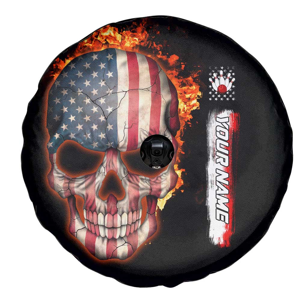American Flag Skull Design Spare Tire Cover with Bowling Elements and Fire Background with Custom Team Name Text TS04