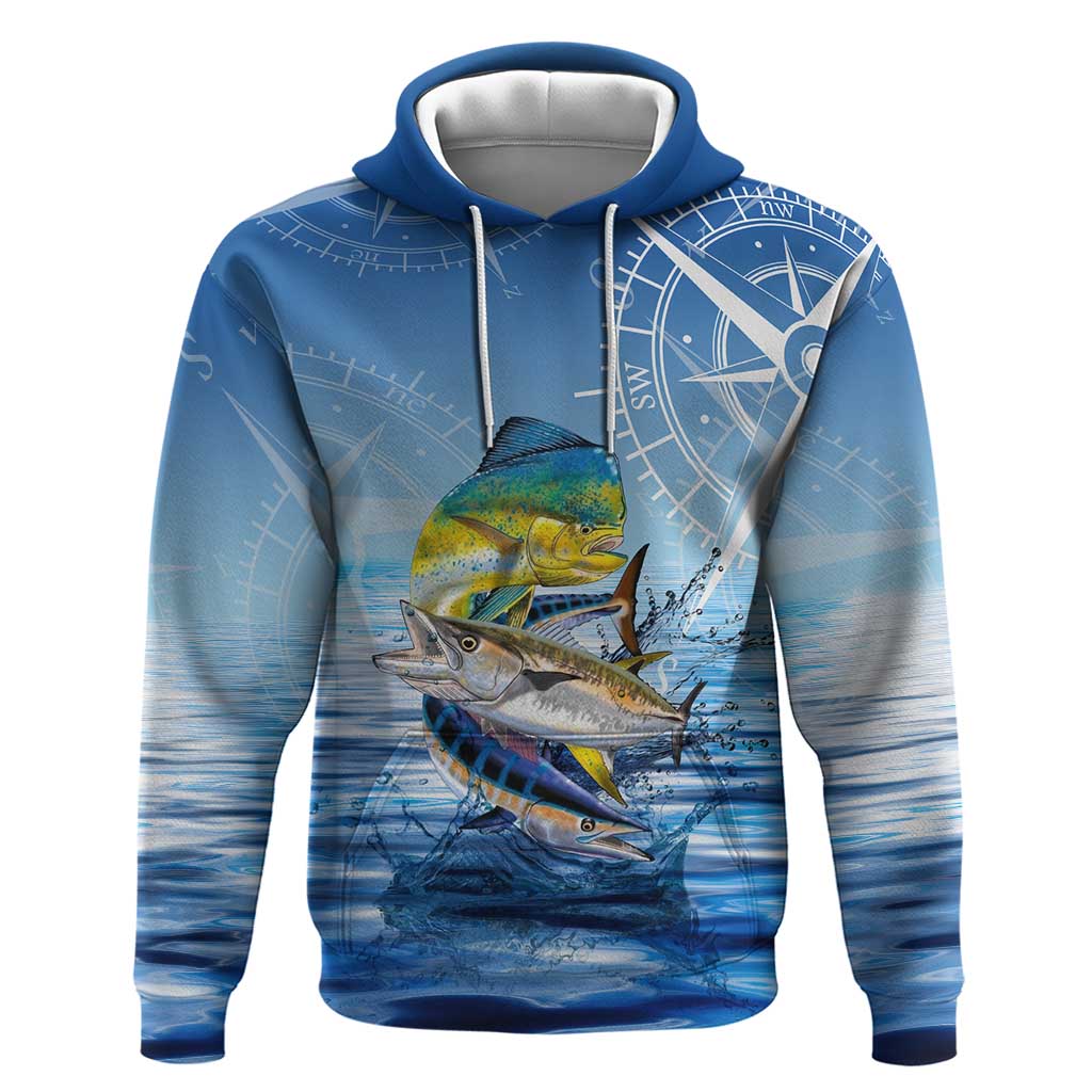Mahi Mahi and Tuna Fish Hoodie Fishing Ocean Water Background and Nautical Compass Elements TS04