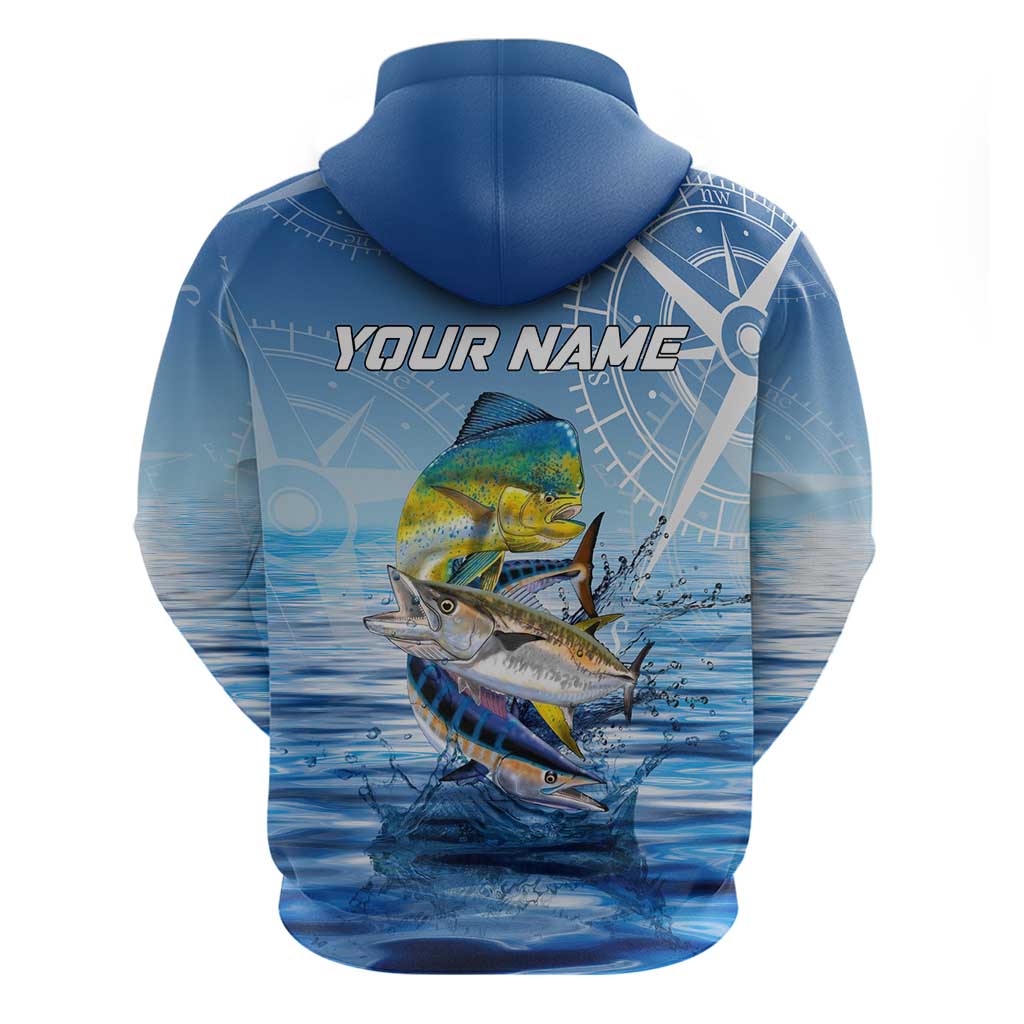 Mahi Mahi and Tuna Fish Hoodie Fishing Ocean Water Background and Nautical Compass Elements TS04