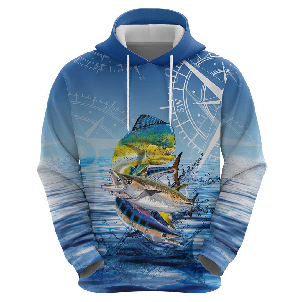 Mahi Mahi and Tuna Fish Hoodie Fishing Ocean Water Background and Nautical Compass Elements TS04