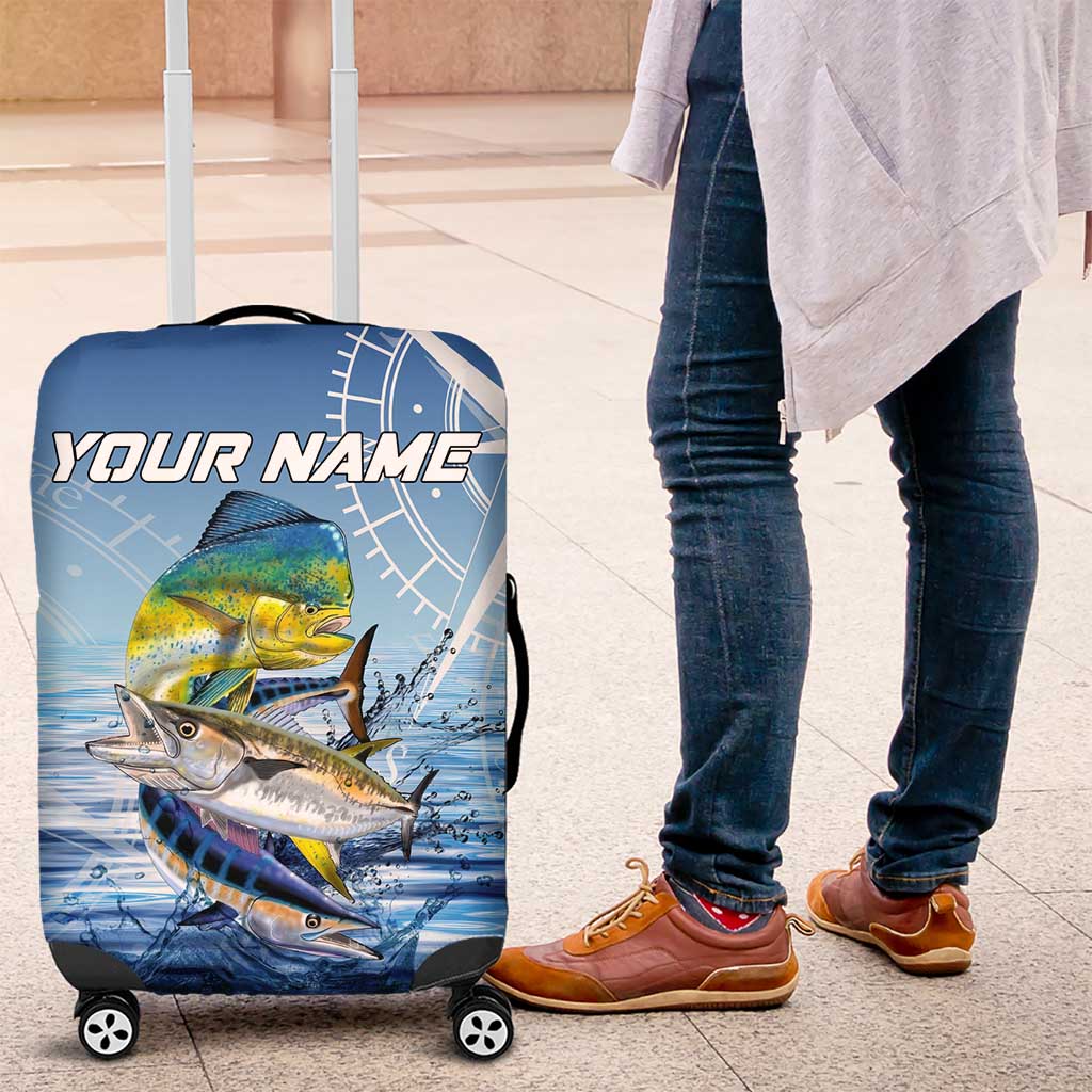 Mahi Mahi and Tuna Fish Luggage Cover Fishing Ocean Water Background and Nautical Compass Elements TS04