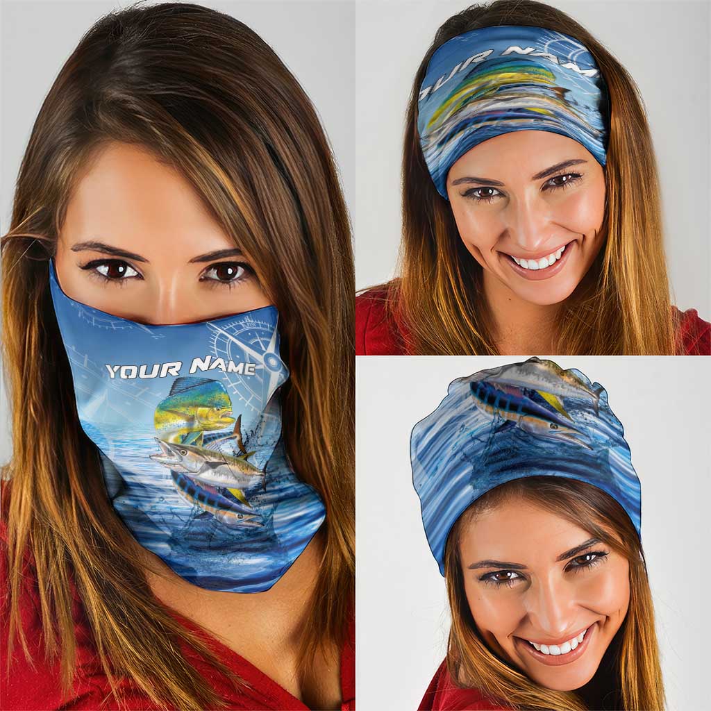 Mahi Mahi and Tuna Fish Neck Gaiter Fishing Ocean Water Background and Nautical Compass Elements TS04