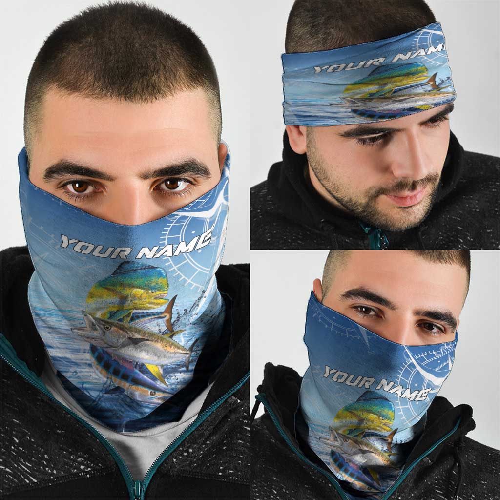 Mahi Mahi and Tuna Fish Neck Gaiter Fishing Ocean Water Background and Nautical Compass Elements TS04