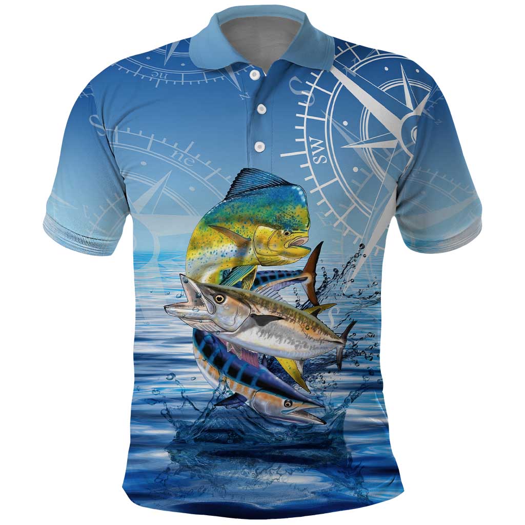 Mahi Mahi and Tuna Fish Polo Shirt Fishing Ocean Water Background and Nautical Compass Elements TS04