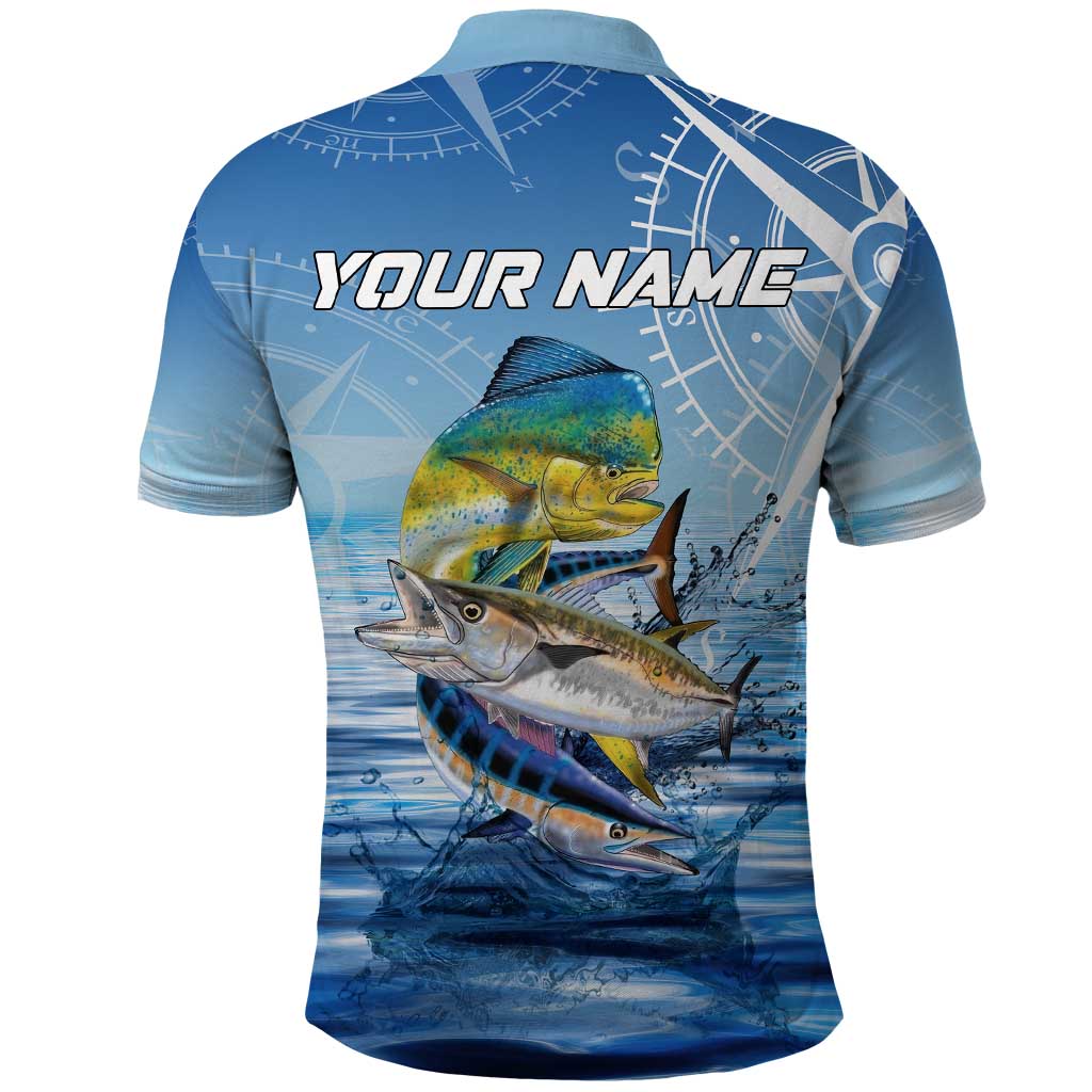 Mahi Mahi and Tuna Fish Polo Shirt Fishing Ocean Water Background and Nautical Compass Elements TS04