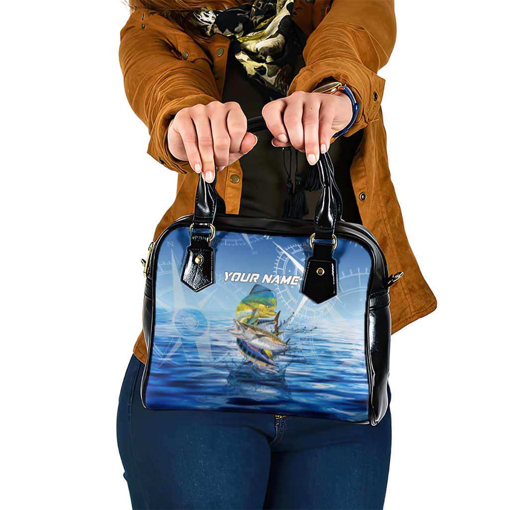 Mahi Mahi and Tuna Fish Shoulder Handbag Fishing Ocean Water Background and Nautical Compass Elements TS04
