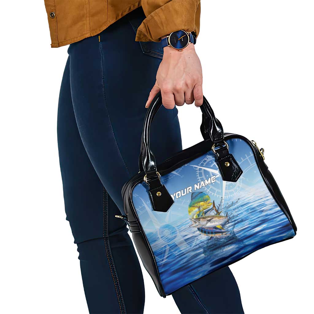 Mahi Mahi and Tuna Fish Shoulder Handbag Fishing Ocean Water Background and Nautical Compass Elements TS04