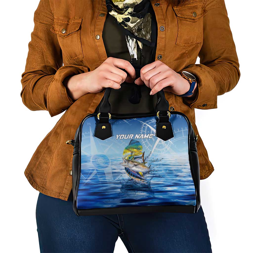 Mahi Mahi and Tuna Fish Shoulder Handbag Fishing Ocean Water Background and Nautical Compass Elements TS04
