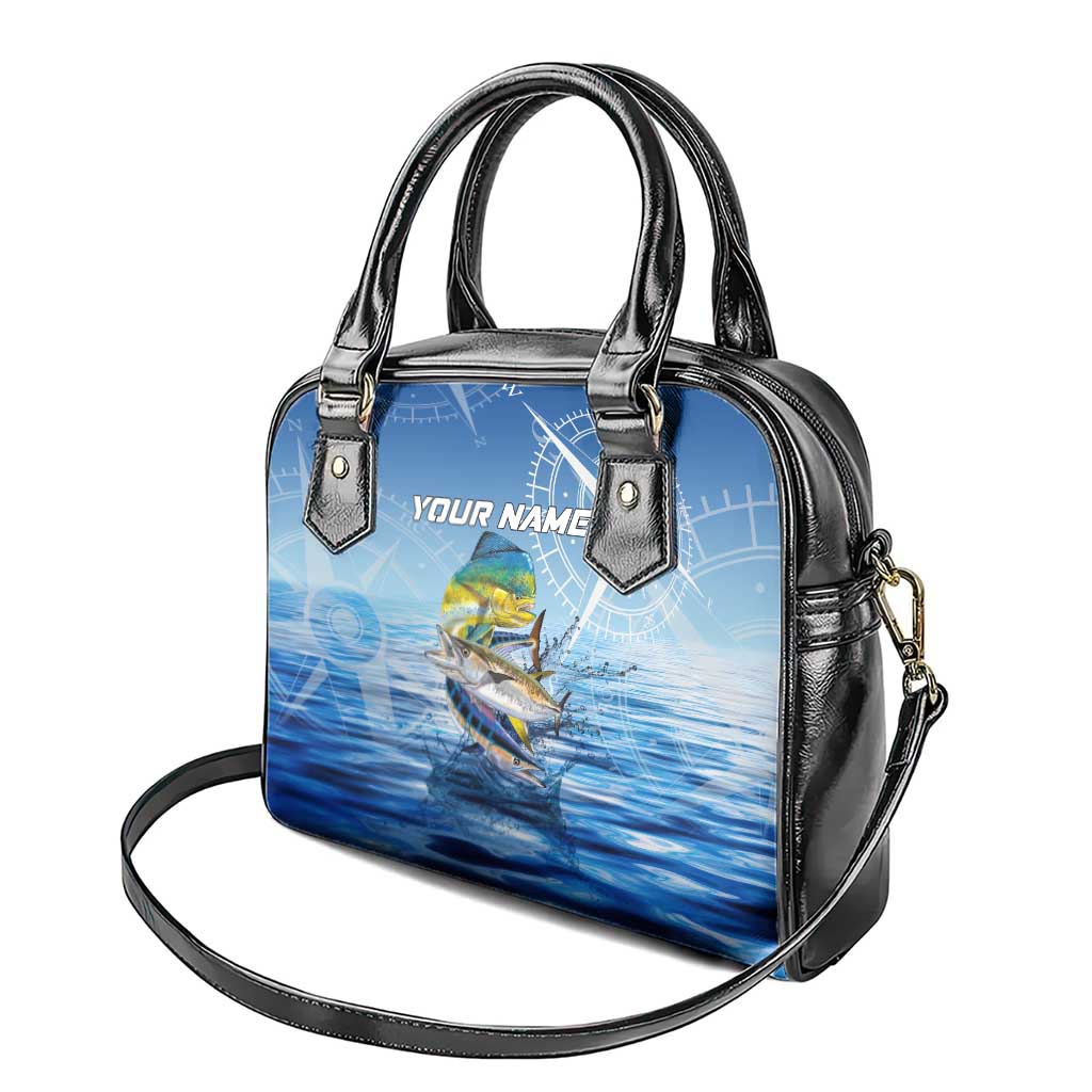 Mahi Mahi and Tuna Fish Shoulder Handbag Fishing Ocean Water Background and Nautical Compass Elements TS04
