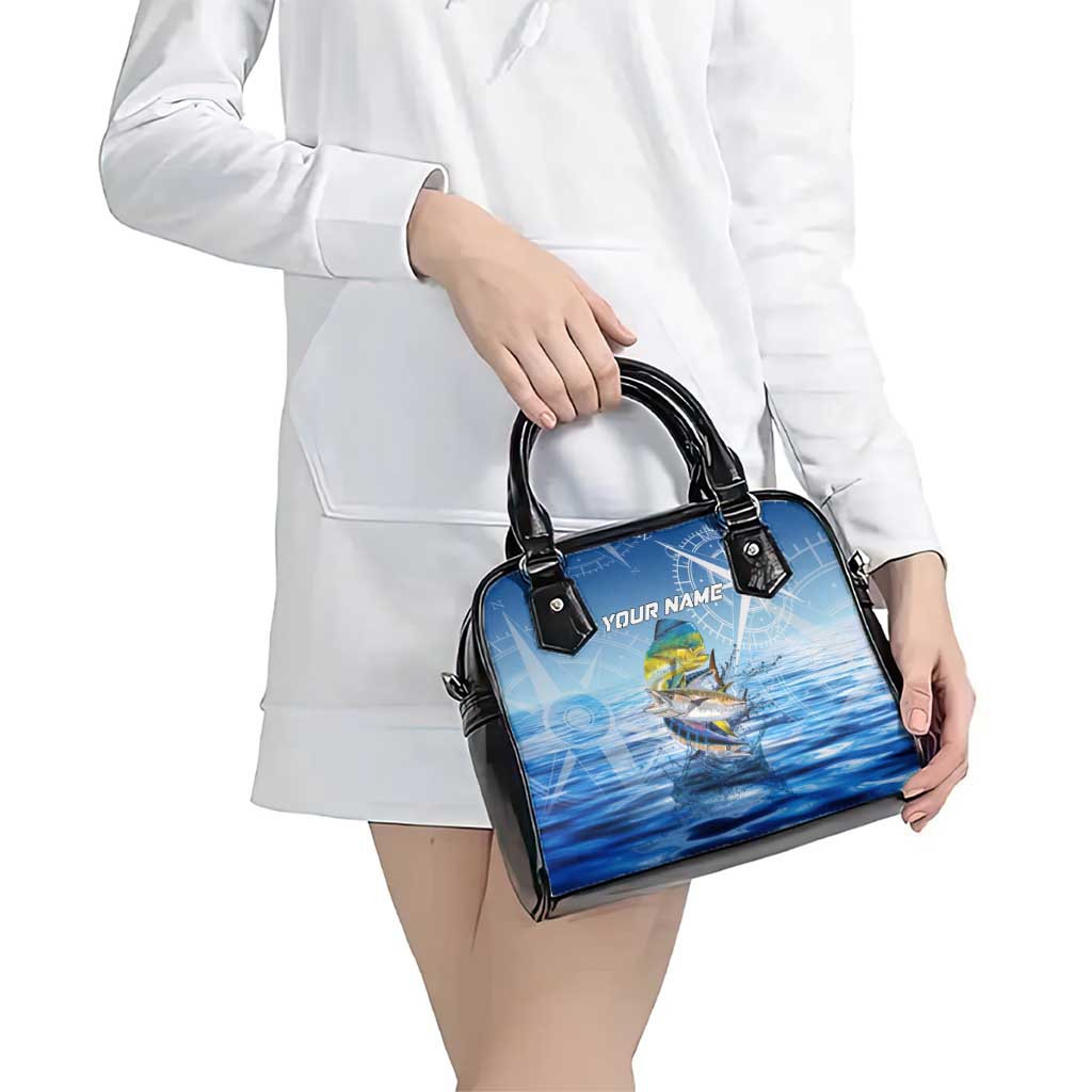 Mahi Mahi and Tuna Fish Shoulder Handbag Fishing Ocean Water Background and Nautical Compass Elements TS04