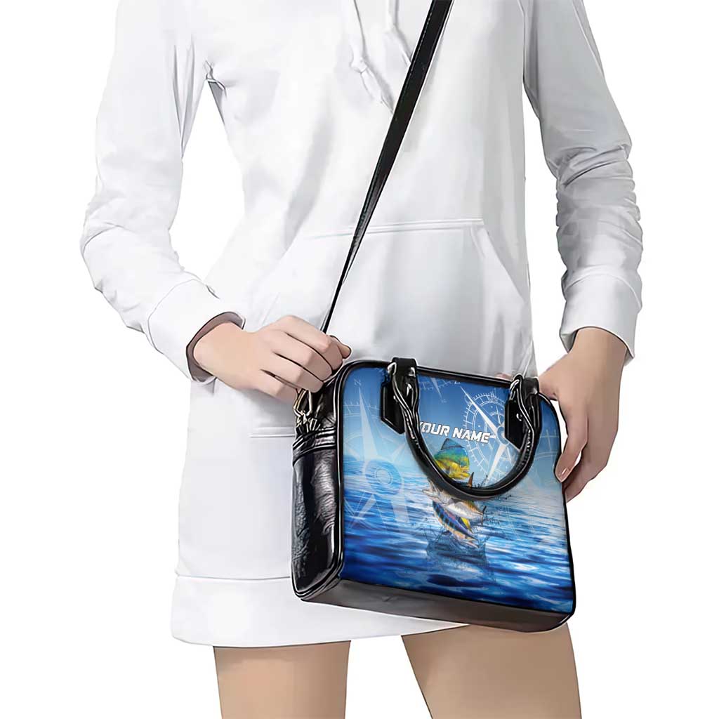 Mahi Mahi and Tuna Fish Shoulder Handbag Fishing Ocean Water Background and Nautical Compass Elements TS04