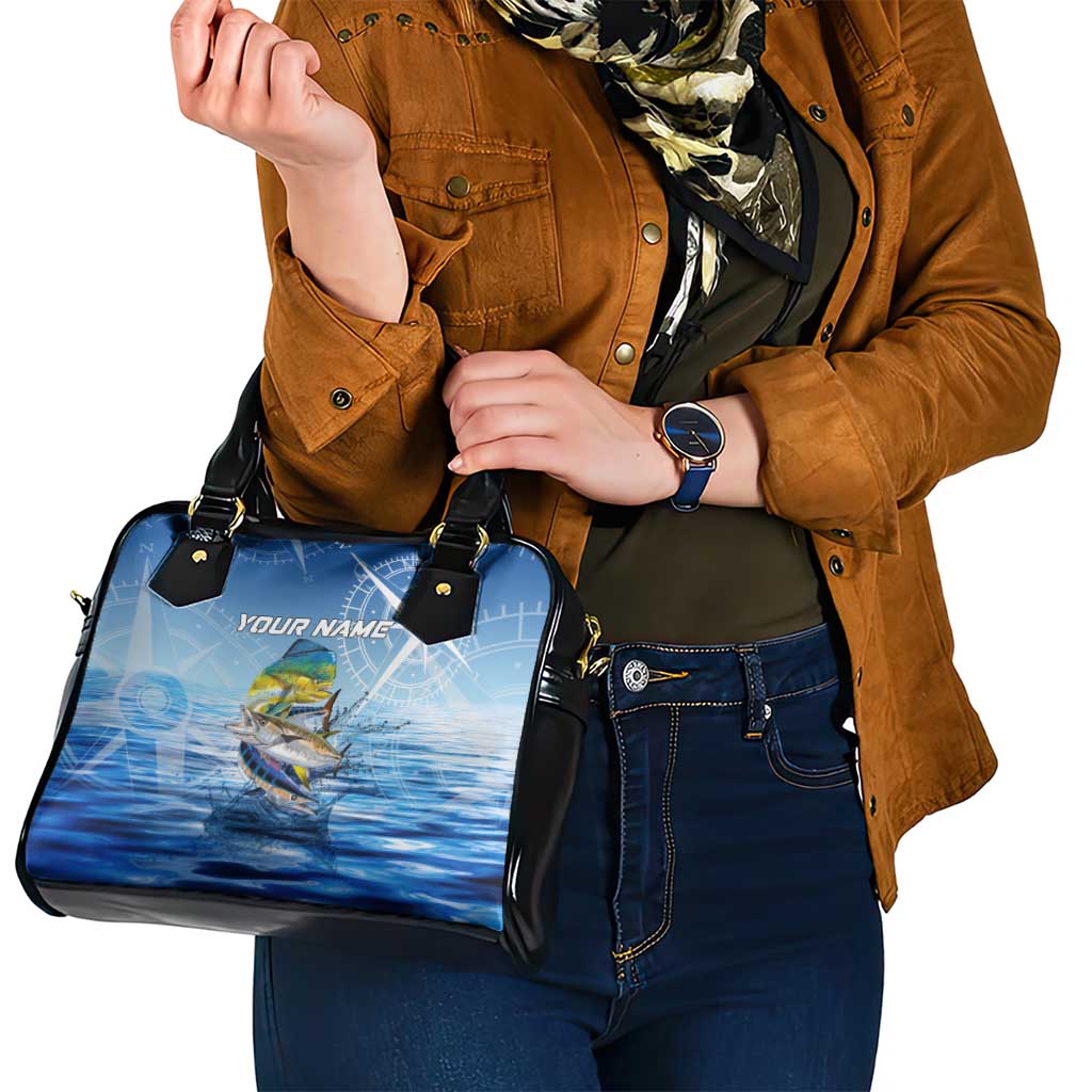 Mahi Mahi and Tuna Fish Shoulder Handbag Fishing Ocean Water Background and Nautical Compass Elements TS04