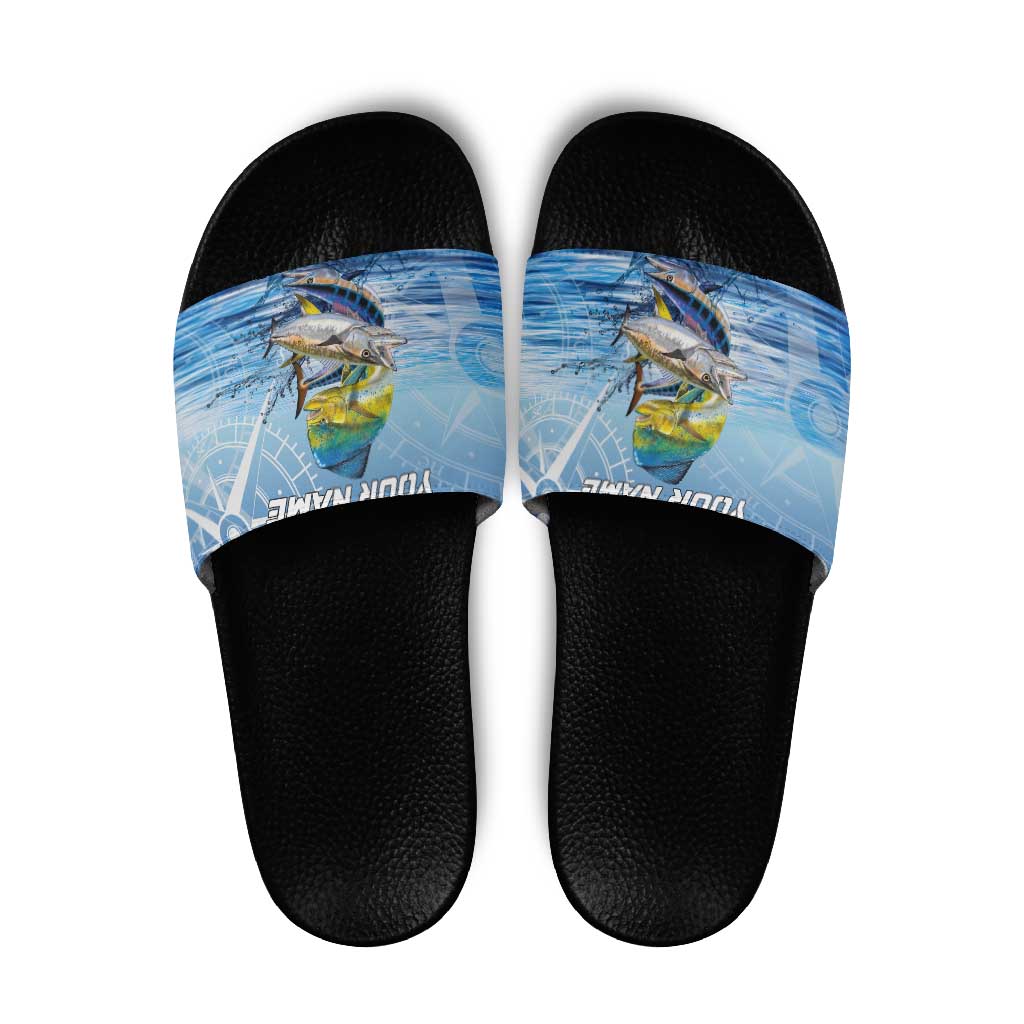 Mahi Mahi and Tuna Fish Slide Sandals Fishing Ocean Water Background and Nautical Compass Elements TS04