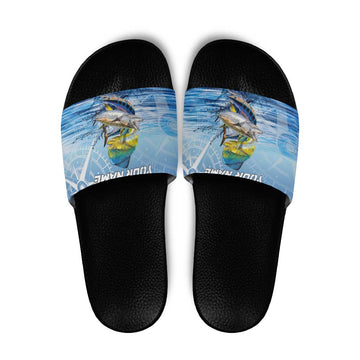 Mahi Mahi and Tuna Fish Slide Sandals Fishing Ocean Water Background and Nautical Compass Elements TS04