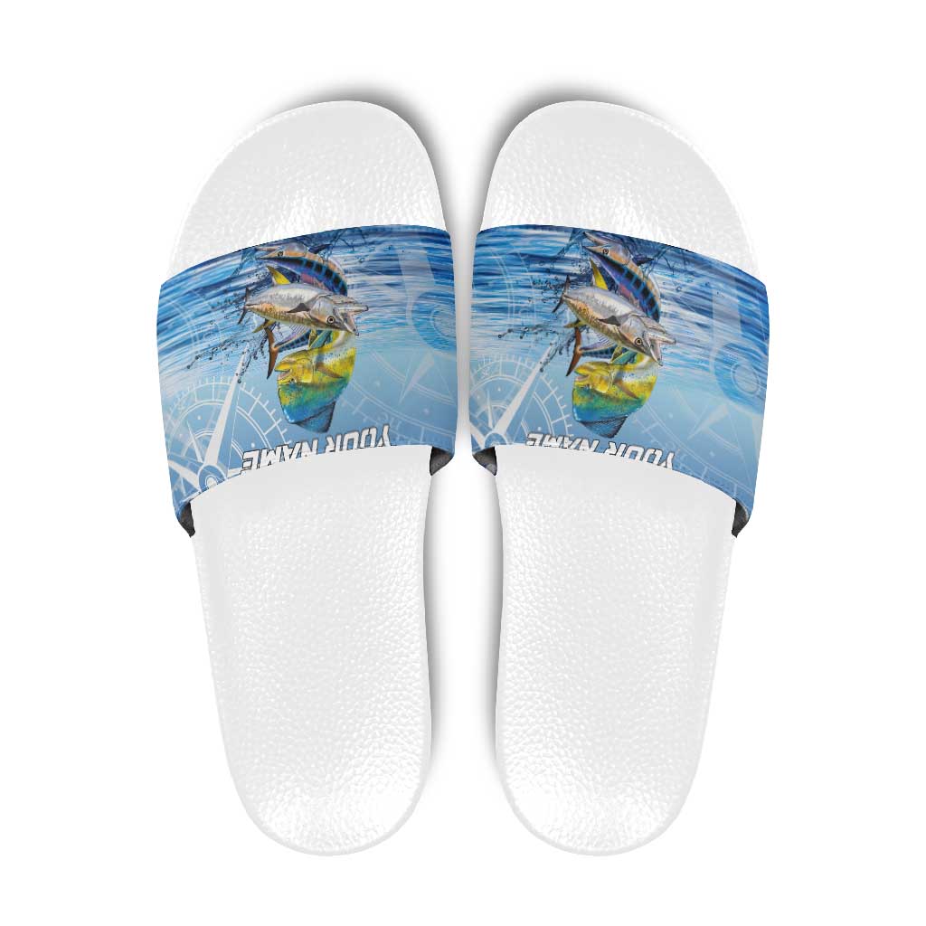 Mahi Mahi and Tuna Fish Slide Sandals Fishing Ocean Water Background and Nautical Compass Elements TS04