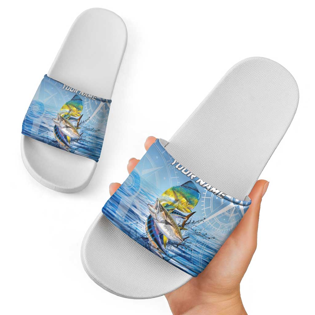 Mahi Mahi and Tuna Fish Slide Sandals Fishing Ocean Water Background and Nautical Compass Elements TS04