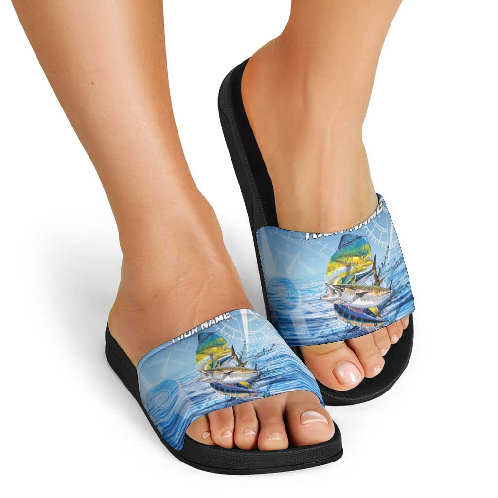 Mahi Mahi and Tuna Fish Slide Sandals Fishing Ocean Water Background and Nautical Compass Elements TS04