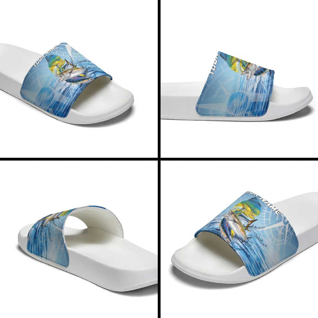Mahi Mahi and Tuna Fish Slide Sandals Fishing Ocean Water Background and Nautical Compass Elements TS04