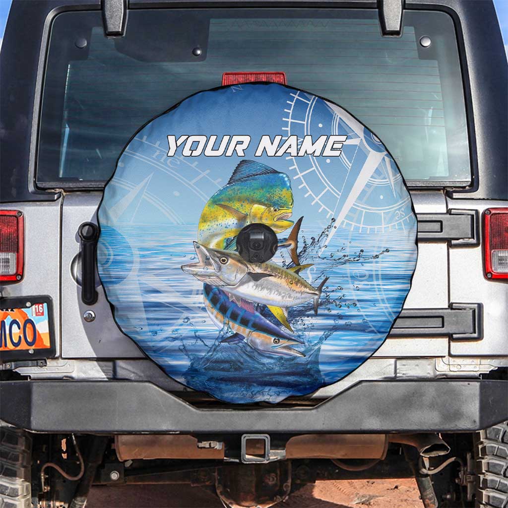 Mahi Mahi and Tuna Fish Spare Tire Cover Fishing Ocean Water Background and Nautical Compass Elements TS04
