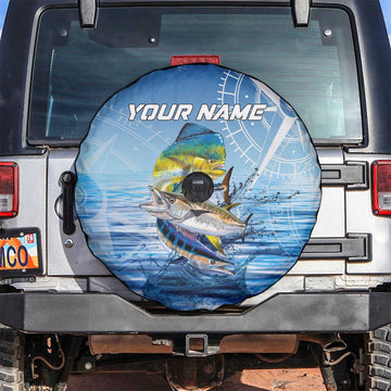 Mahi Mahi and Tuna Fish Spare Tire Cover Fishing Ocean Water Background and Nautical Compass Elements TS04