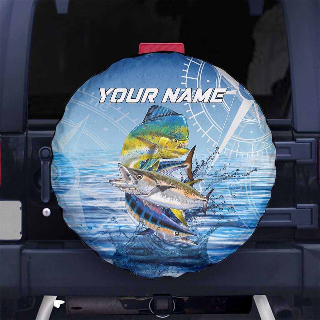 Mahi Mahi and Tuna Fish Spare Tire Cover Fishing Ocean Water Background and Nautical Compass Elements TS04