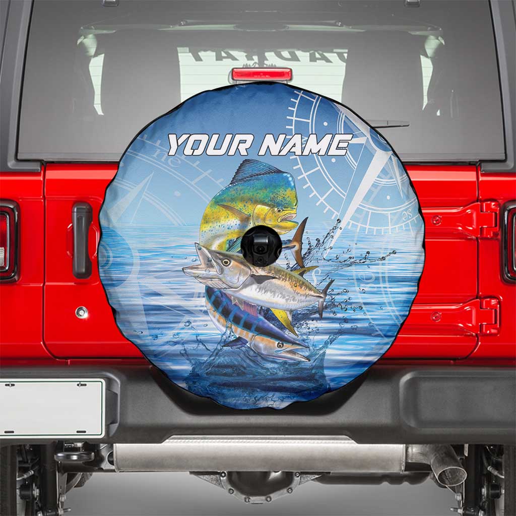 Mahi Mahi and Tuna Fish Spare Tire Cover Fishing Ocean Water Background and Nautical Compass Elements TS04