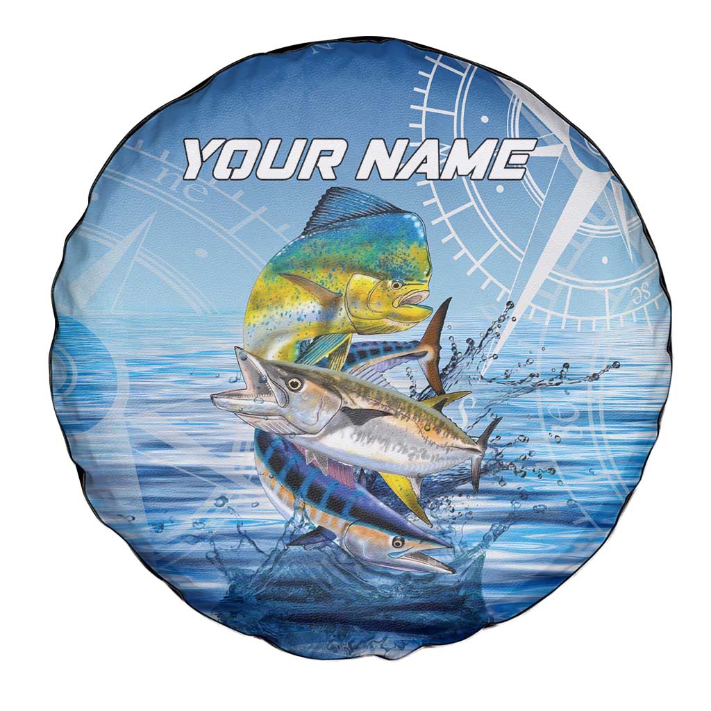Mahi Mahi and Tuna Fish Spare Tire Cover Fishing Ocean Water Background and Nautical Compass Elements TS04