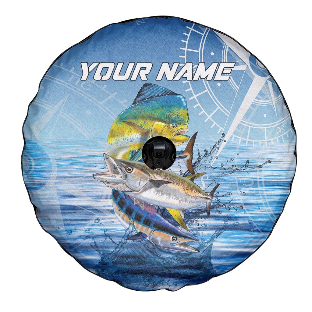 Mahi Mahi and Tuna Fish Spare Tire Cover Fishing Ocean Water Background and Nautical Compass Elements TS04