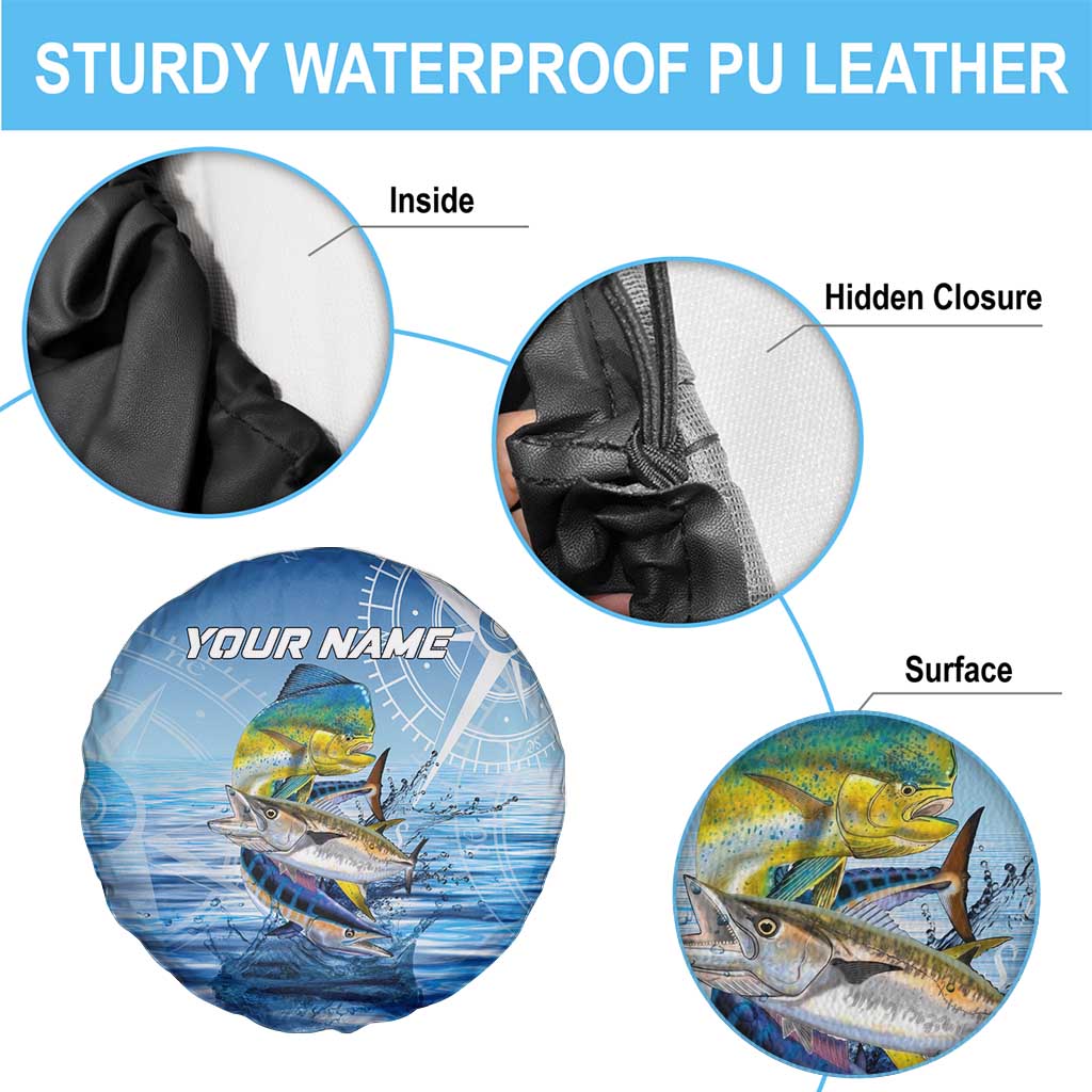 Mahi Mahi and Tuna Fish Spare Tire Cover Fishing Ocean Water Background and Nautical Compass Elements TS04